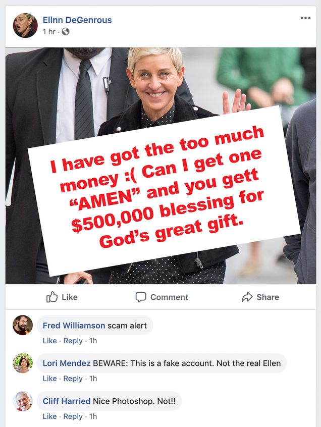 Illustration for article titled Heartbreaking: Ellen DeGeneres Is Trying To Give Away $500,000 To Every Fan Who Comments ‘Amen’ On A Poorly Spelled Facebook Post, But Everyone Thinks It’s A Scam
